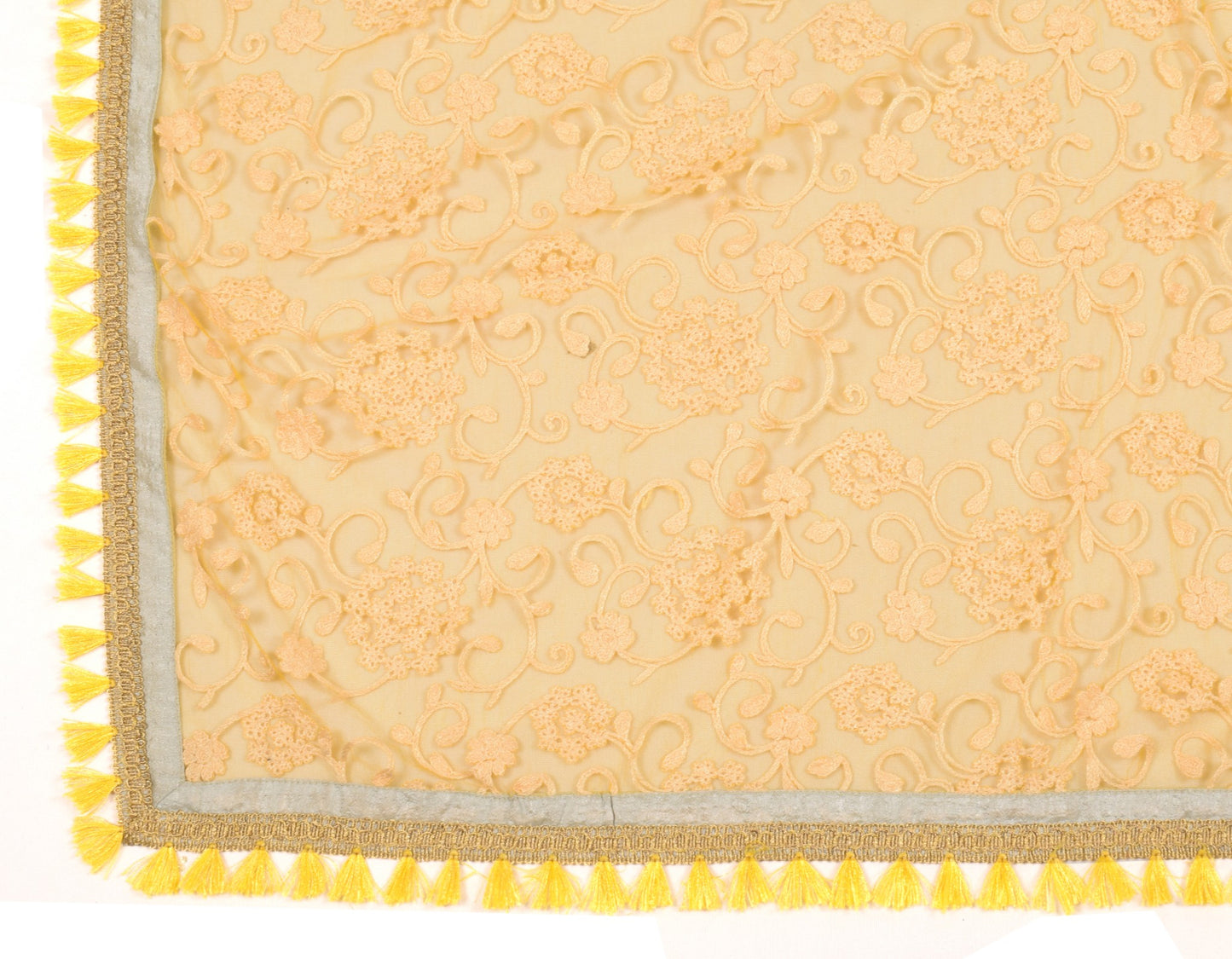 Sushila Vintage Yellow Net Dupatta Floral Embroidered with tassels Long Stole