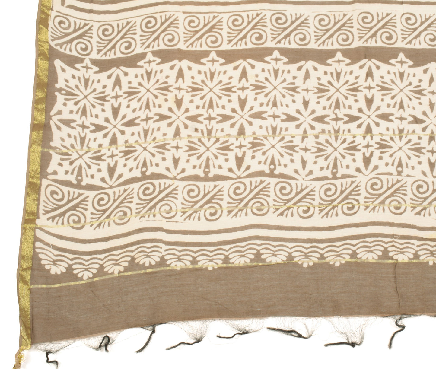 Sushila Vintage Brown Floral Dupatta Pure Cotton Silk Block Printed Long Stole