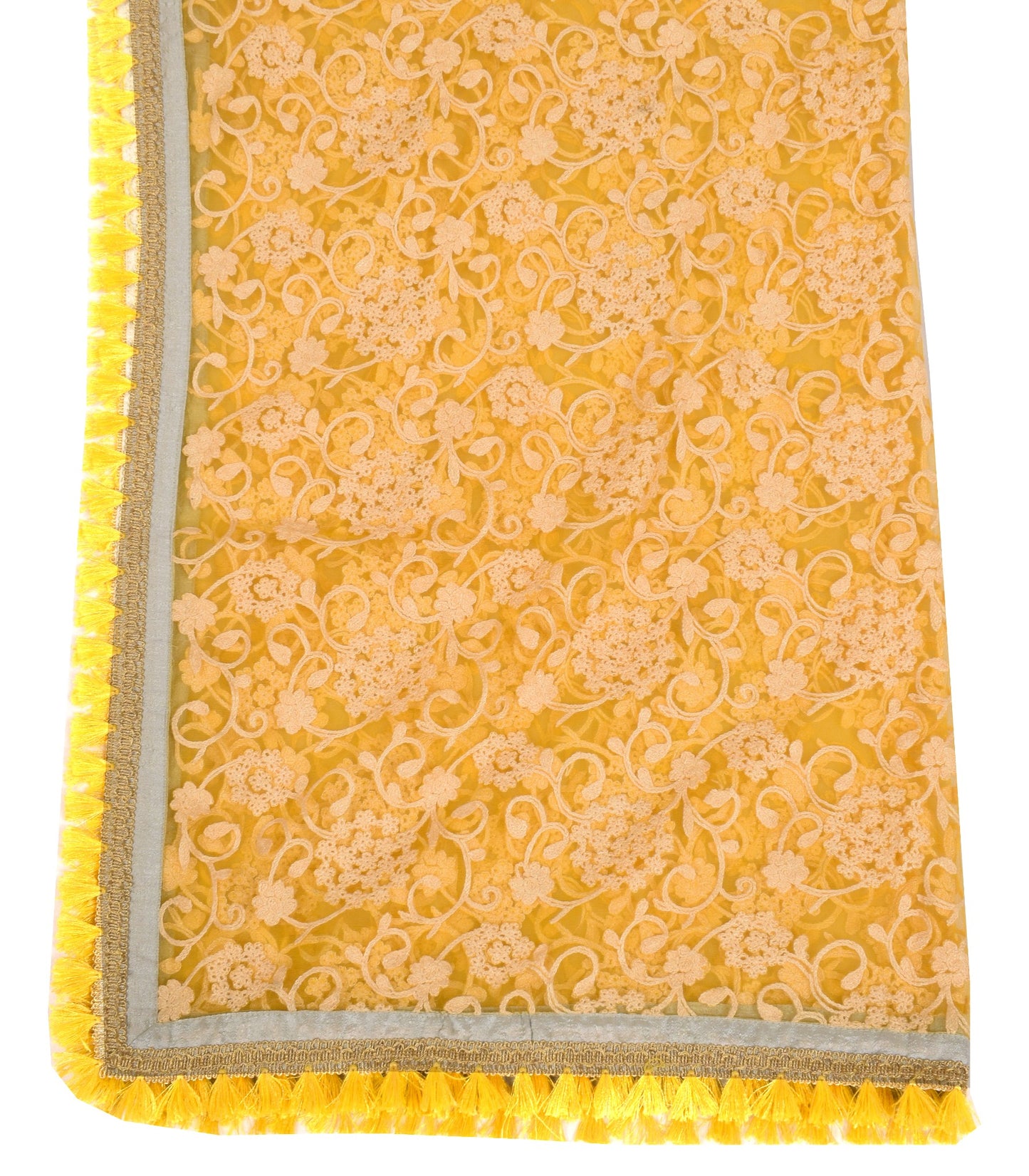 Sushila Vintage Yellow Net Dupatta Floral Embroidered with tassels Long Stole