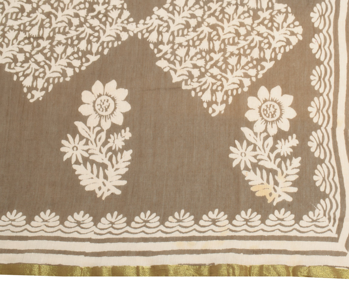 Sushila Vintage Brown Floral Dupatta Pure Cotton Silk Block Printed Long Stole