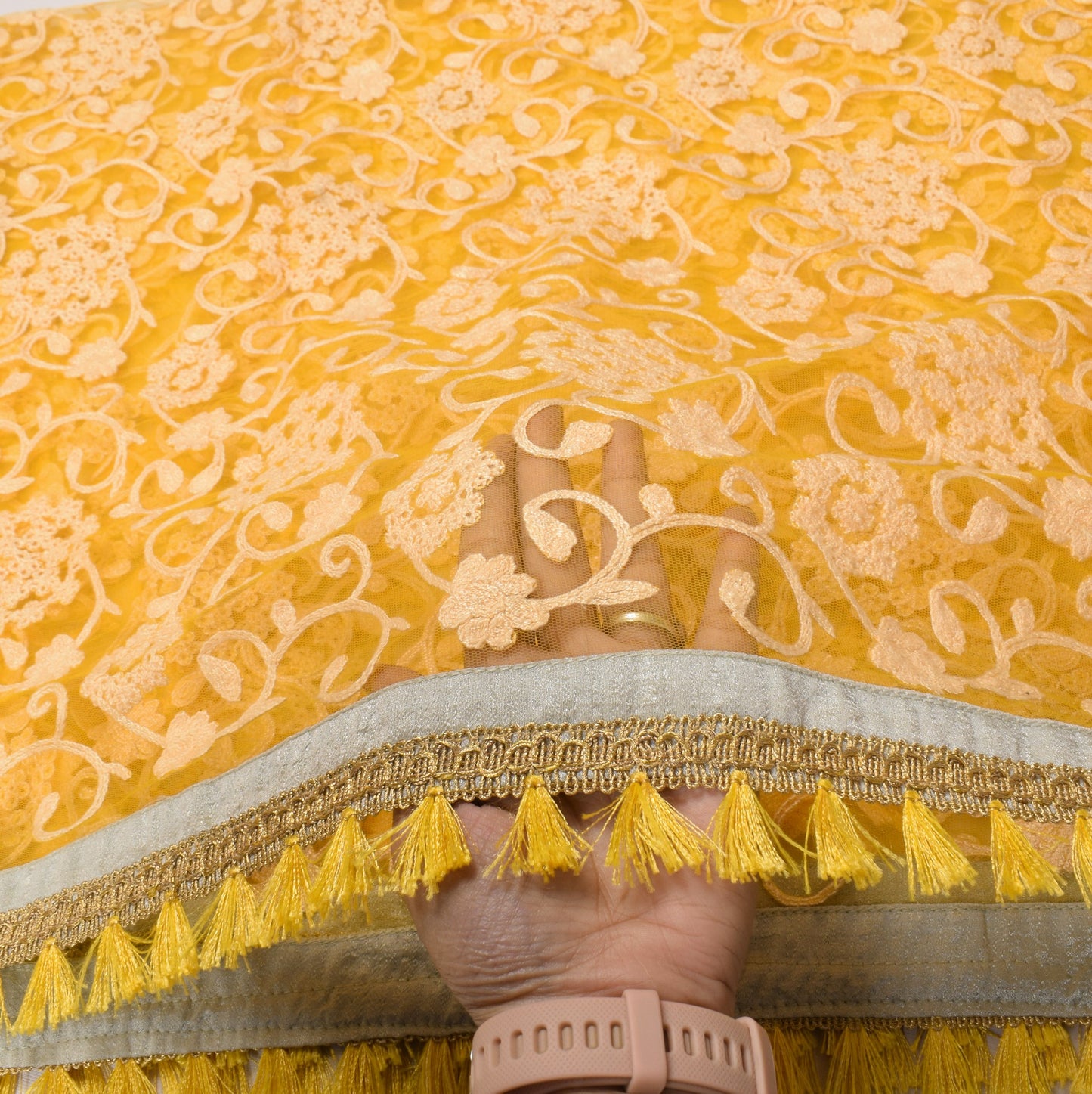 Sushila Vintage Yellow Net Dupatta Floral Embroidered with tassels Long Stole