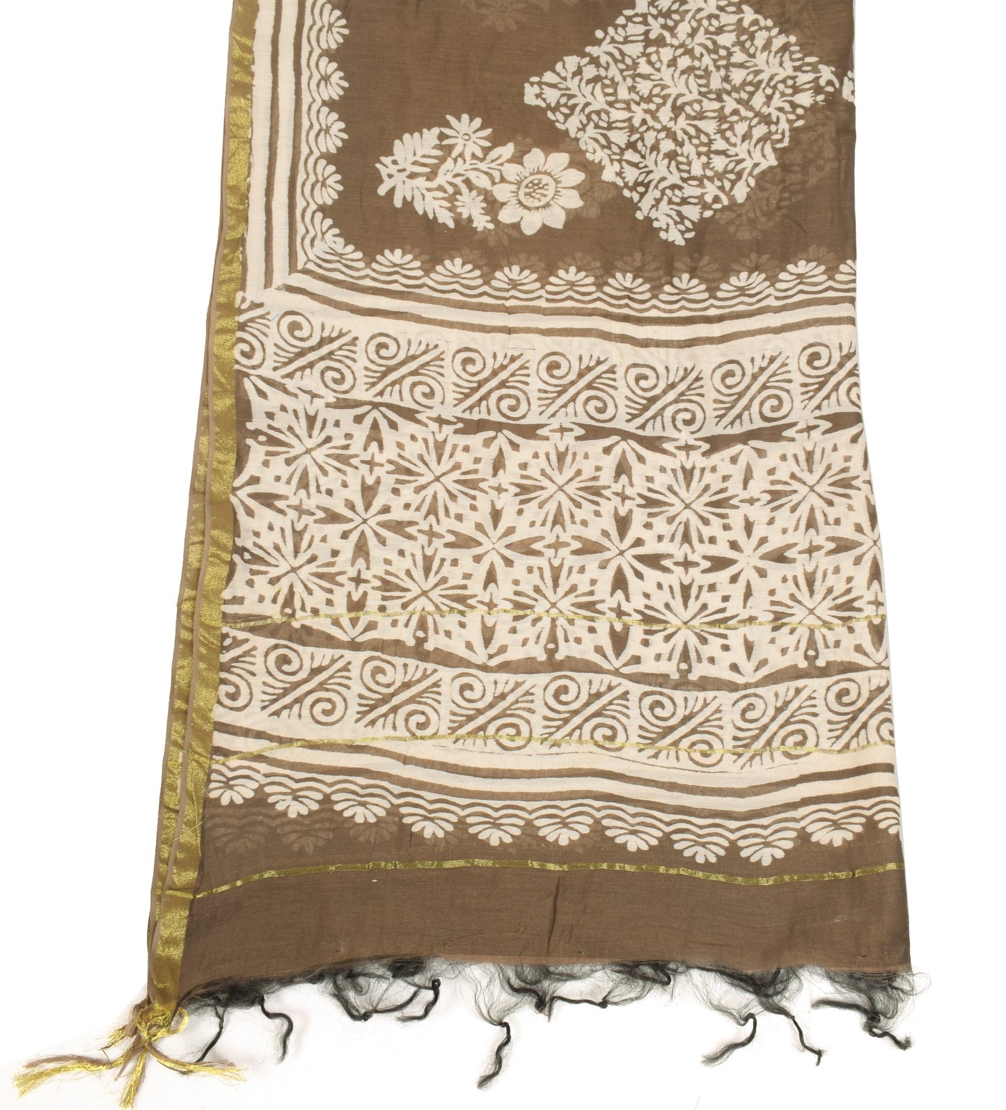 Sushila Vintage Brown Floral Dupatta Pure Cotton Silk Block Printed Long Stole