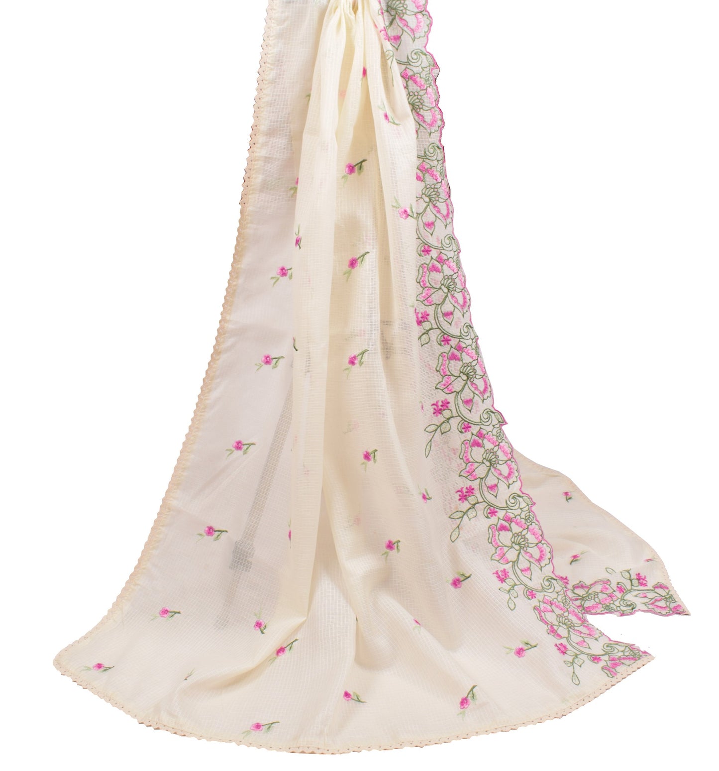 Sushila Vintage Floral Embroidered Dupatta Art Cotton Silk Cream Long Stole Wrap