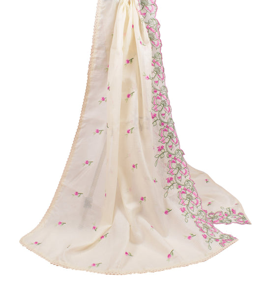 Sushila Vintage Floral Embroidered Dupatta Art Cotton Silk Cream Long Stole Wrap