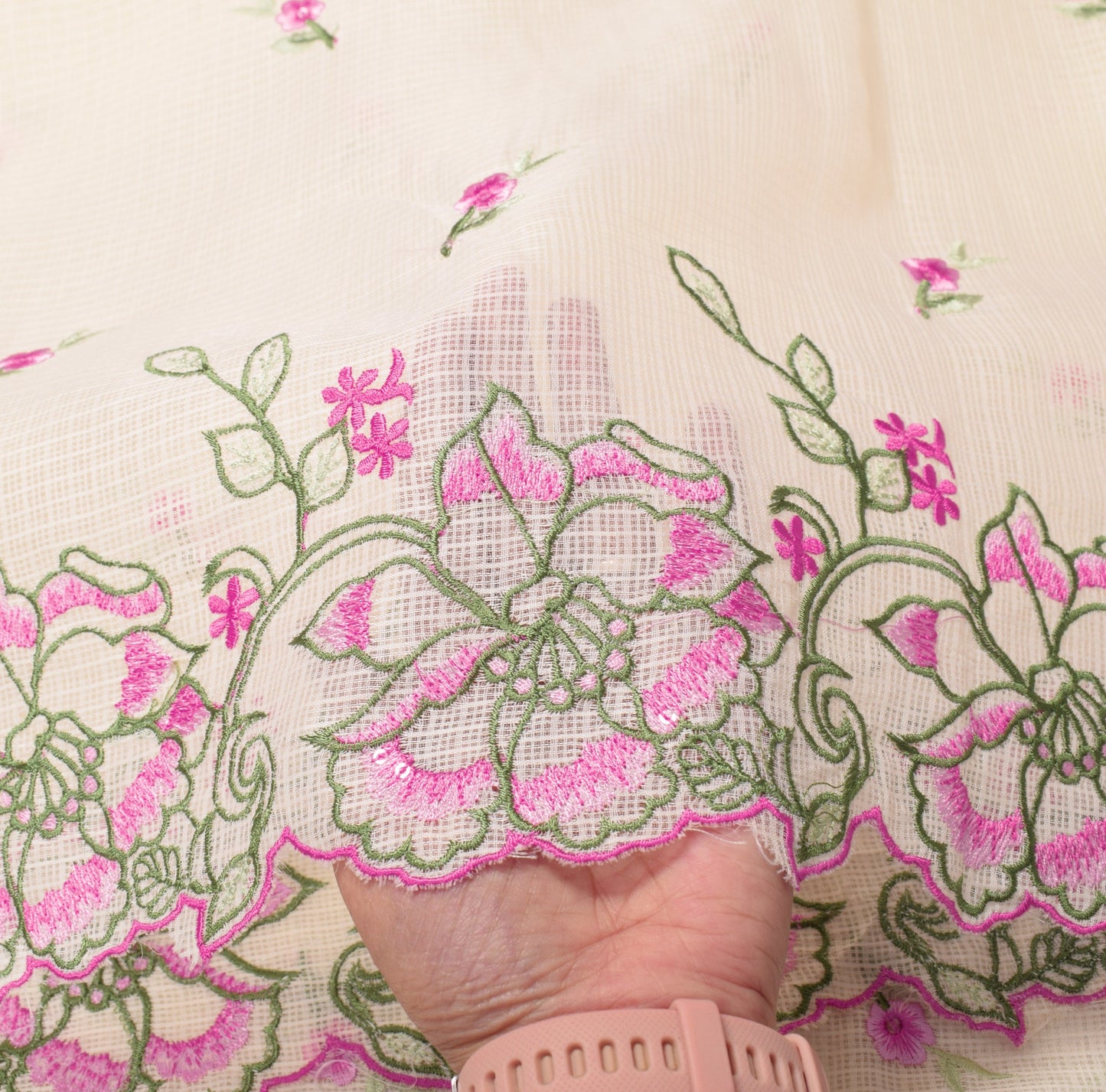 Sushila Vintage Floral Embroidered Dupatta Art Cotton Silk Cream Long Stole Wrap