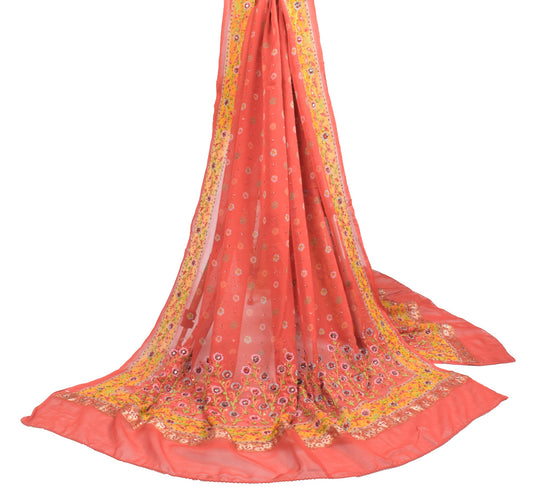 Sushila Vintage Orange Dupatta Floral Printed Pure Georgette Indian Long Stole