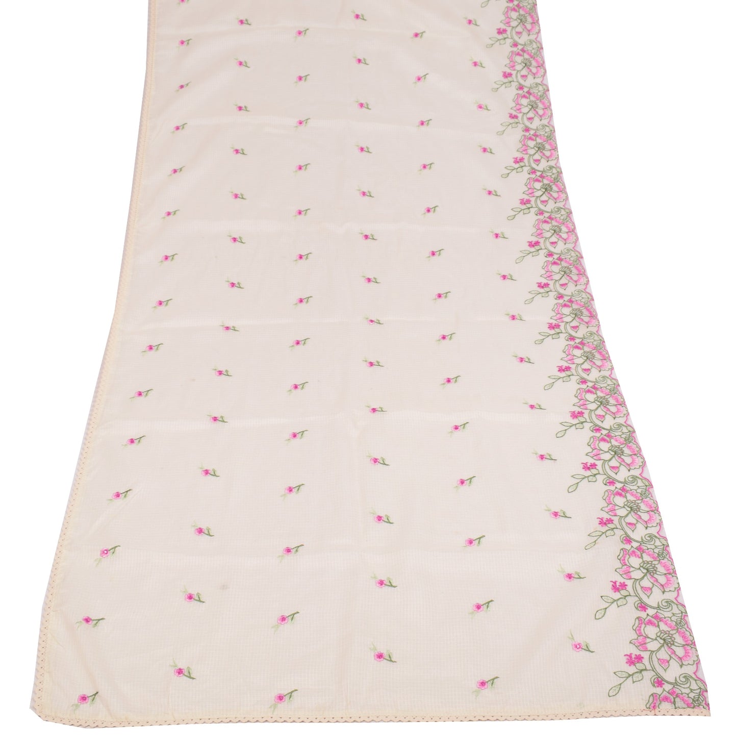 Sushila Vintage Floral Embroidered Dupatta Art Cotton Silk Cream Long Stole Wrap