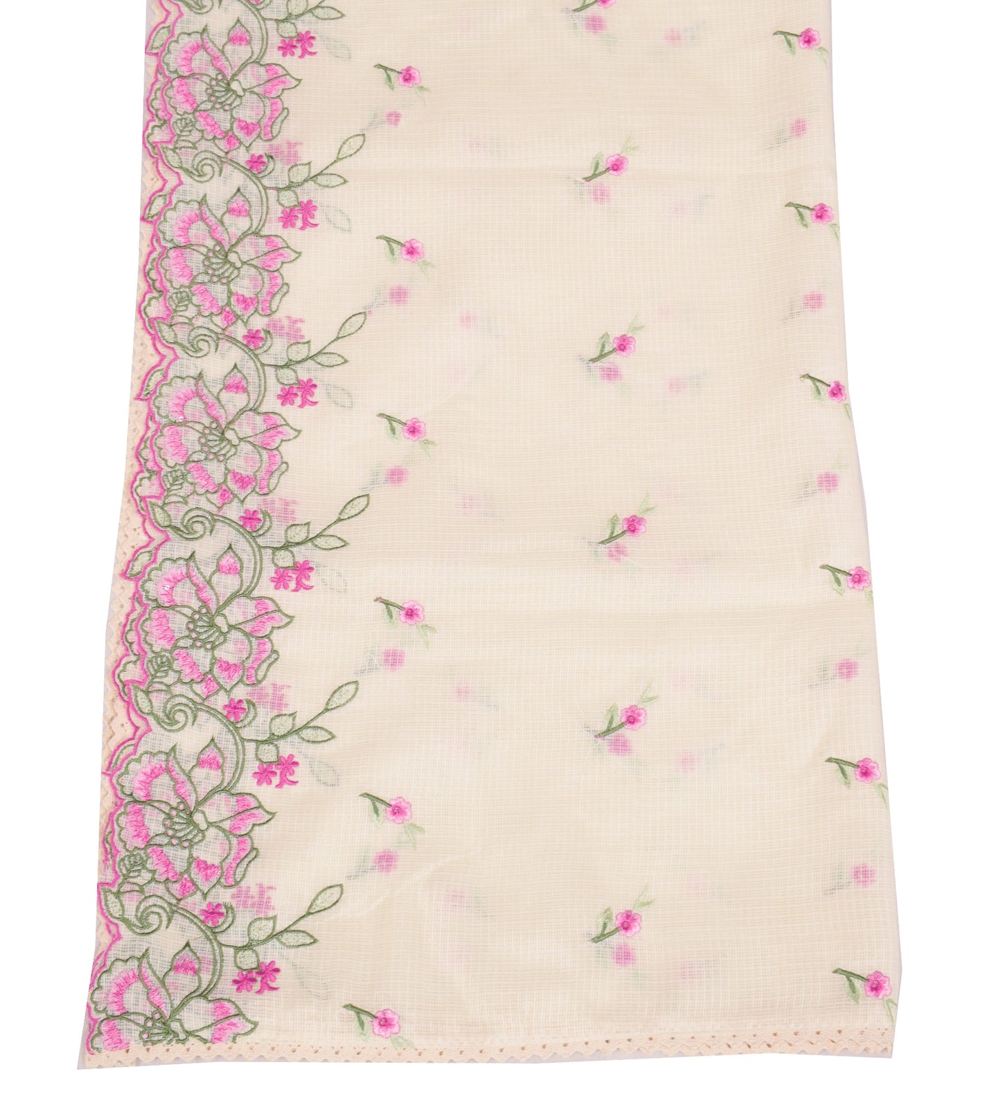 Sushila Vintage Floral Embroidered Dupatta Art Cotton Silk Cream Long Stole Wrap