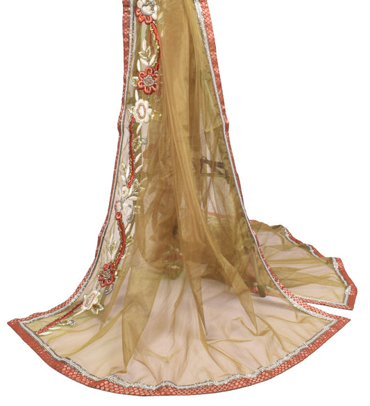 Sushila Vintage Greenish Brown Dupatta Glass Beads Embellish Net Mesh Long Stole