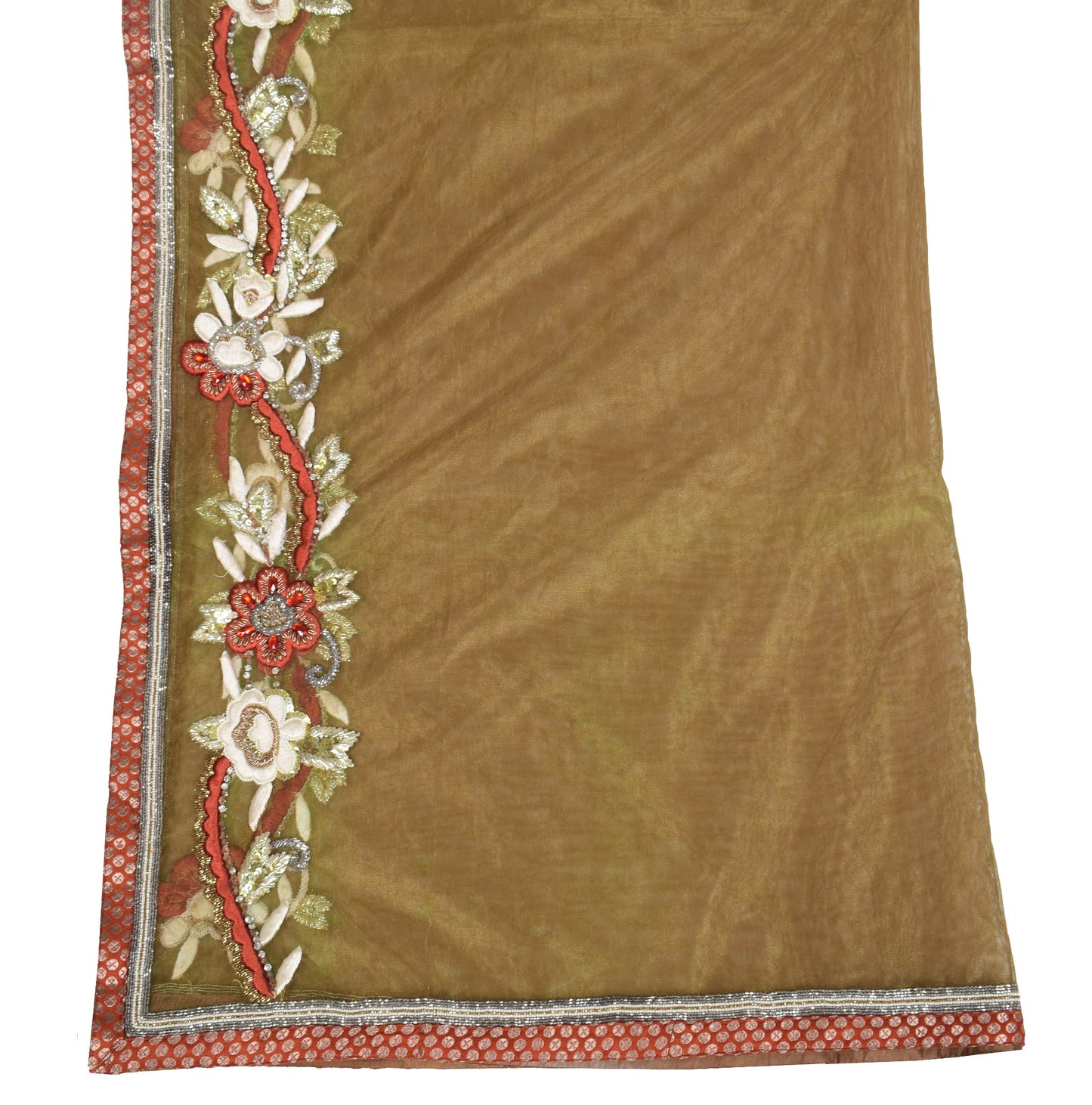 Sushila Vintage Greenish Brown Dupatta Glass Beads Embellish Net Mesh Long Stole