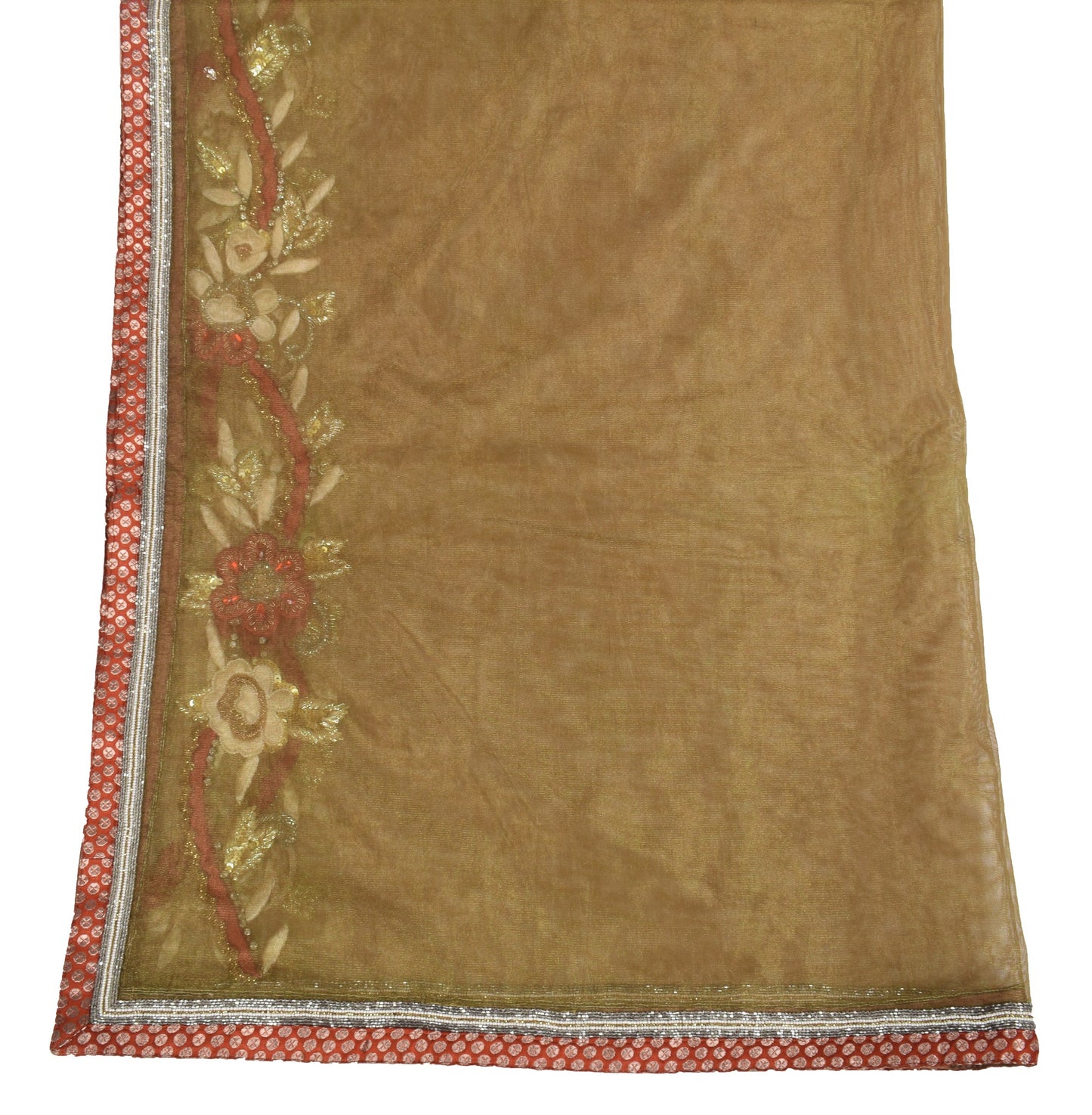 Sushila Vintage Greenish Brown Dupatta Glass Beads Embellish Net Mesh Long Stole