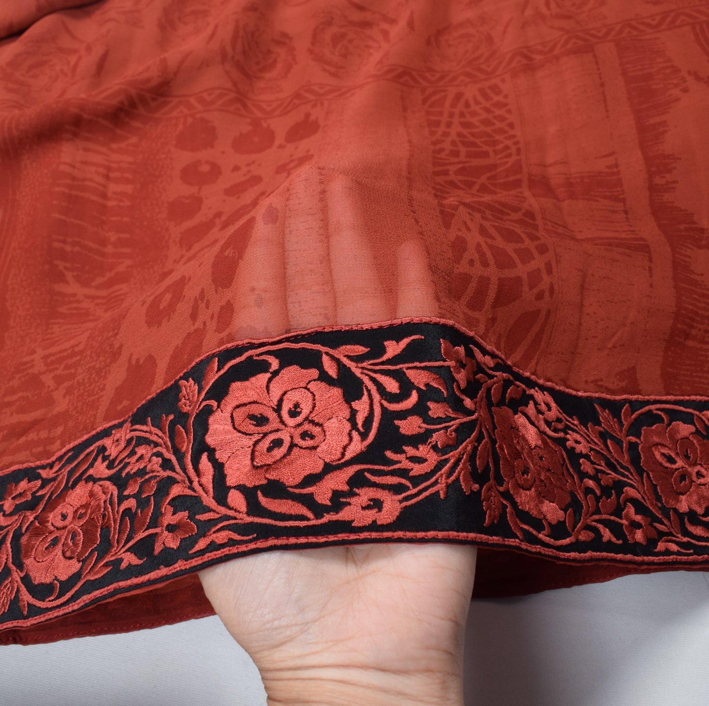 Sushila Vintage Rust Print Dupatta Embroidered Border Pure Georgette Long Stole