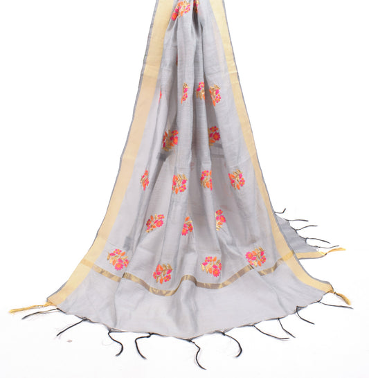 Sushila Vintage Floral Gray Dupatta Art Cotton Silk Embroidered Long Stole Wrap