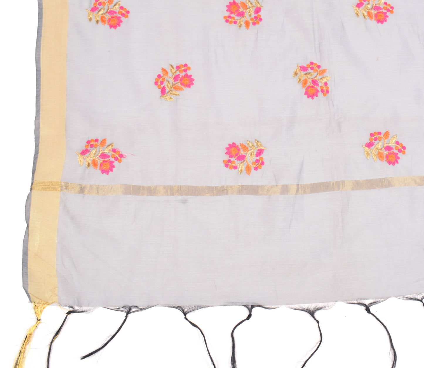 Sushila Vintage Floral Gray Dupatta Art Cotton Silk Embroidered Long Stole Wrap