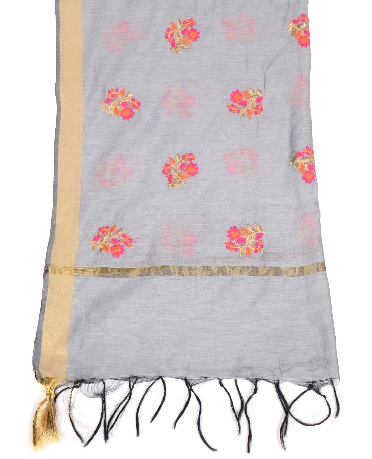 Sushila Vintage Floral Gray Dupatta Art Cotton Silk Embroidered Long Stole Wrap