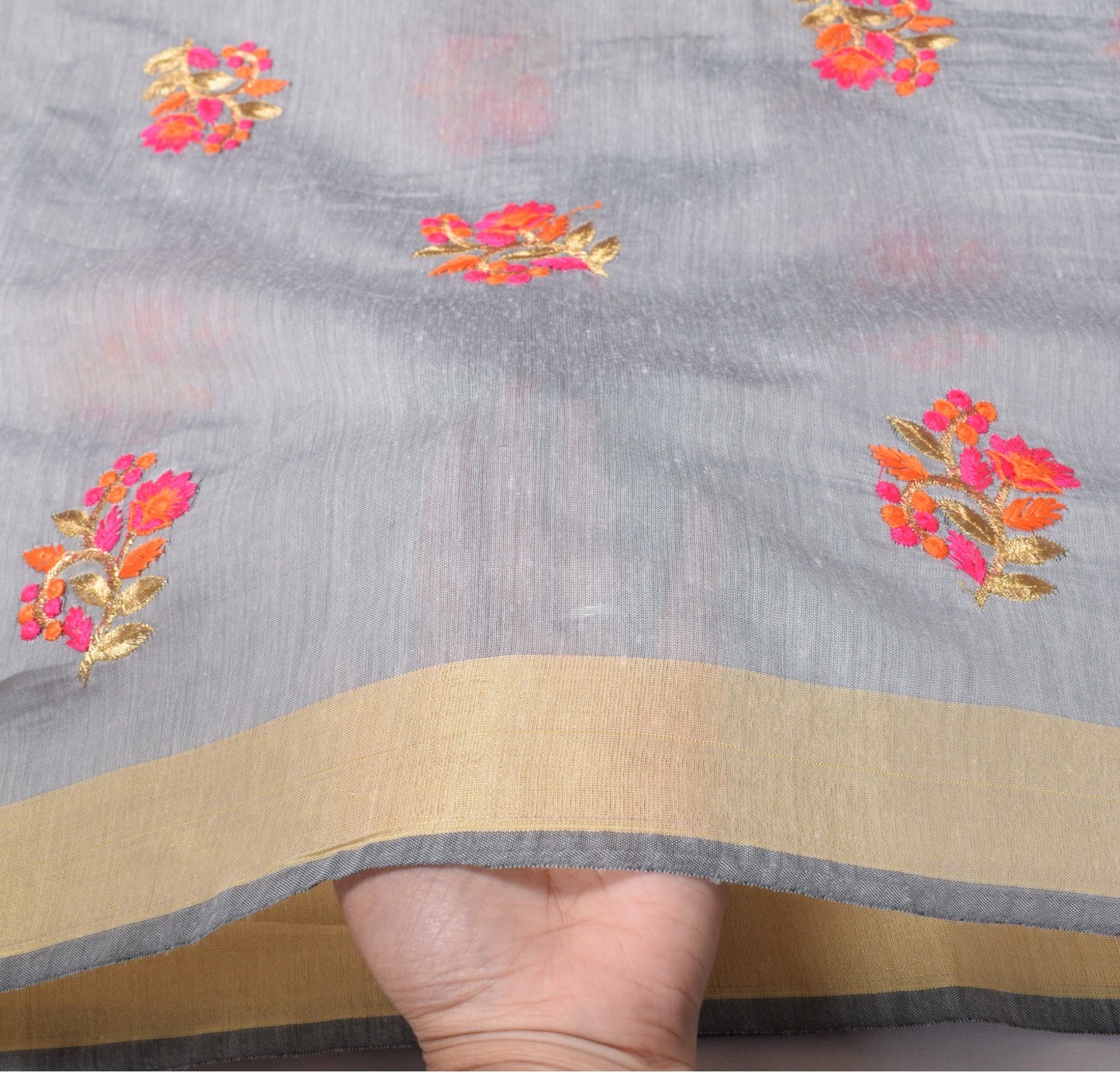 Sushila Vintage Floral Gray Dupatta Art Cotton Silk Embroidered Long Stole Wrap