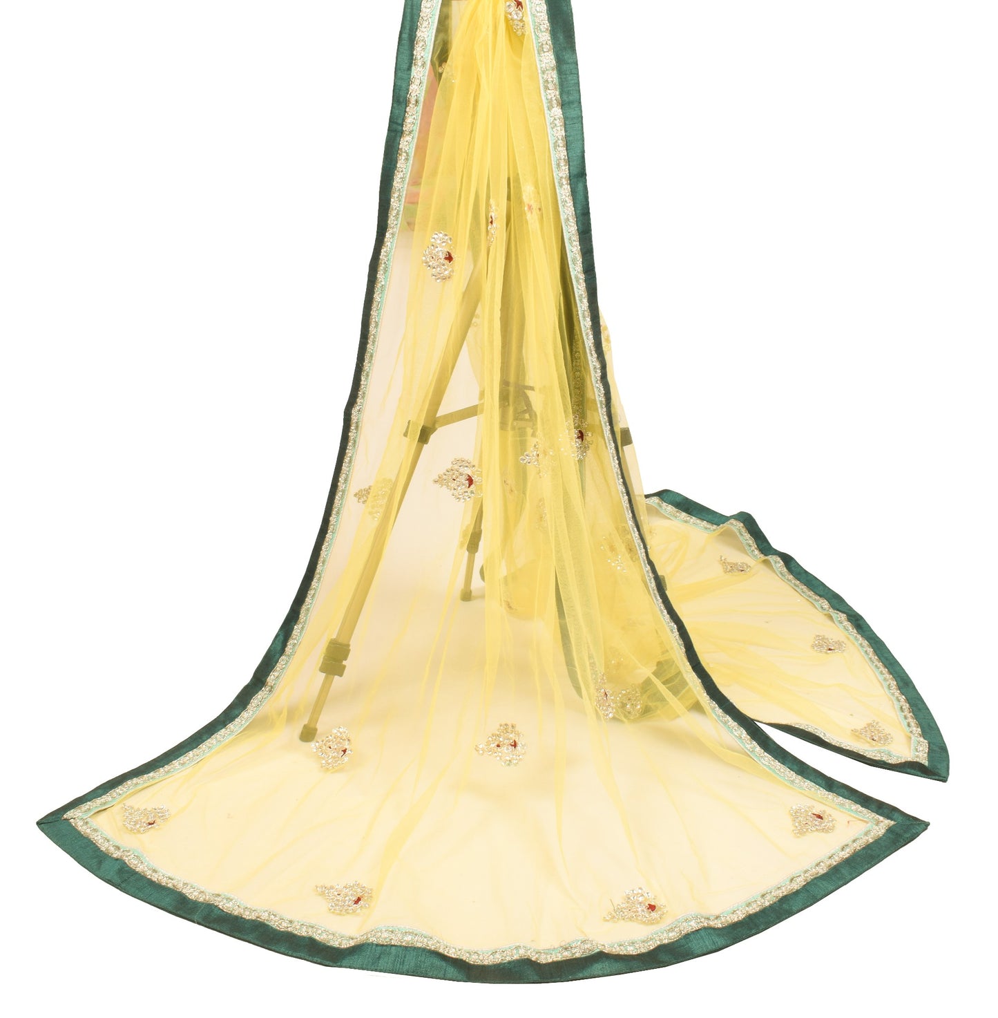 Sushila Vintage Polki Kundan Embroidered Dupatta Yellow Net Floral Long Stole