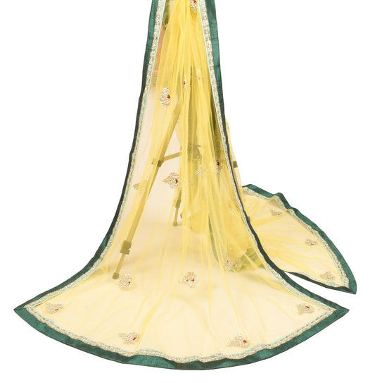 Sushila Vintage Polki Kundan Embroidered Dupatta Yellow Net Floral Long Stole