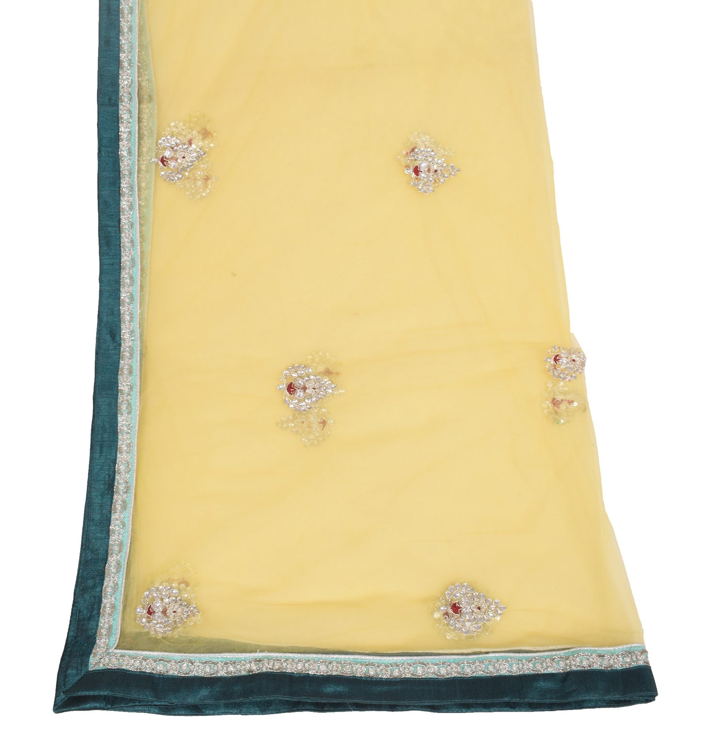 Sushila Vintage Polki Kundan Embroidered Dupatta Yellow Net Floral Long Stole