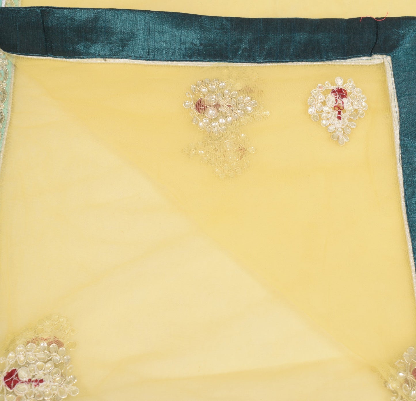 Sushila Vintage Polki Kundan Embroidered Dupatta Yellow Net Floral Long Stole