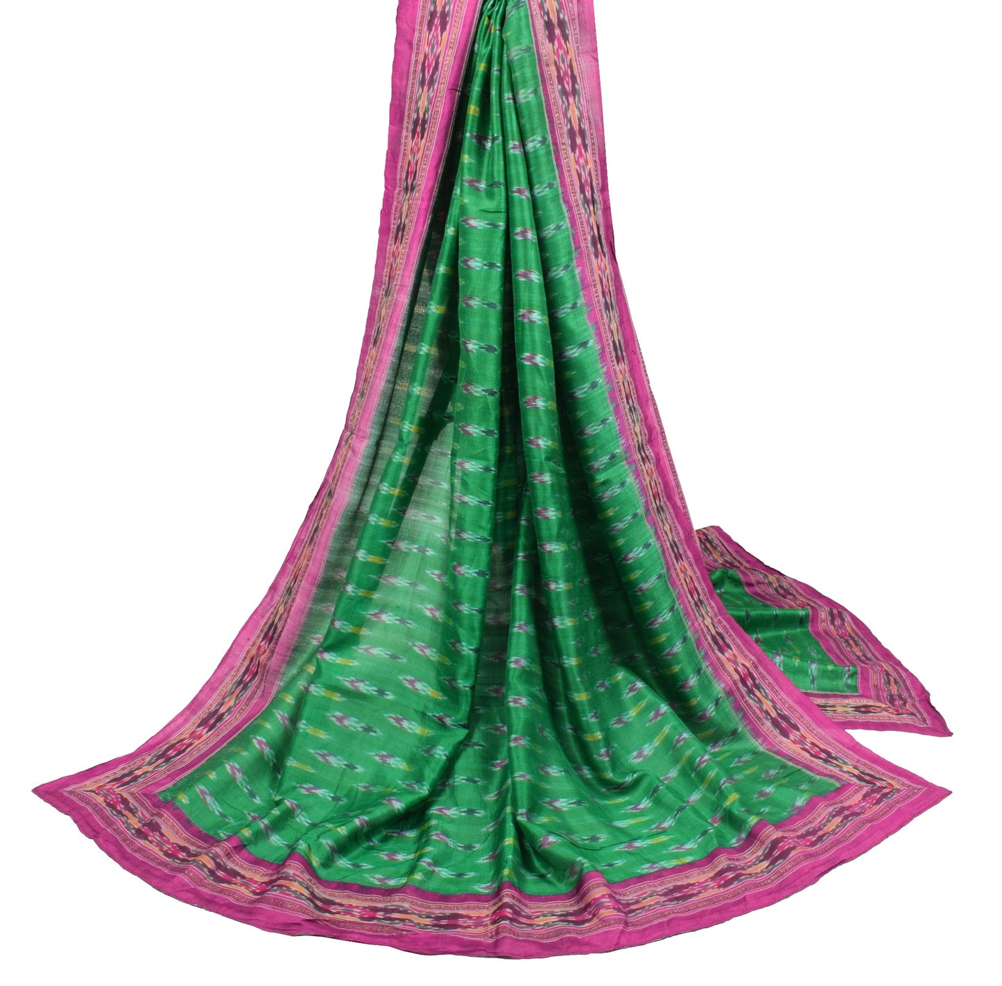 Sushila Vintage Handwoven Pochampally Ikat Dupatta Pure Silk Green Long Stole