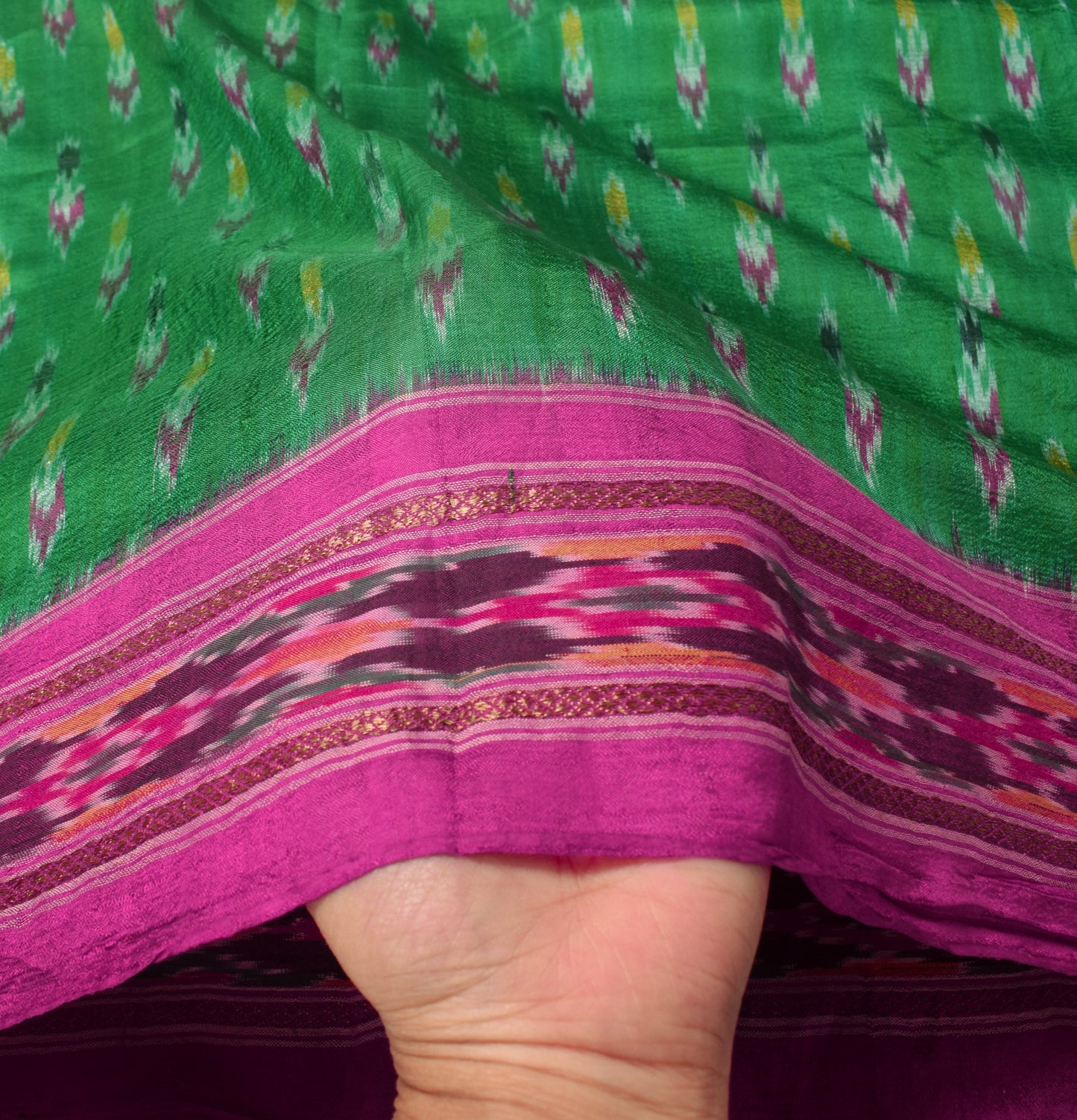 Sushila Vintage Handwoven Pochampally Ikat Dupatta Pure Silk Green Long Stole