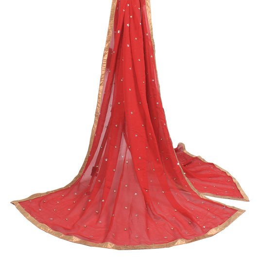 Sushila Vintage 100% Pure Georgette Floral Red Sequins Embellish Long Stole Veil