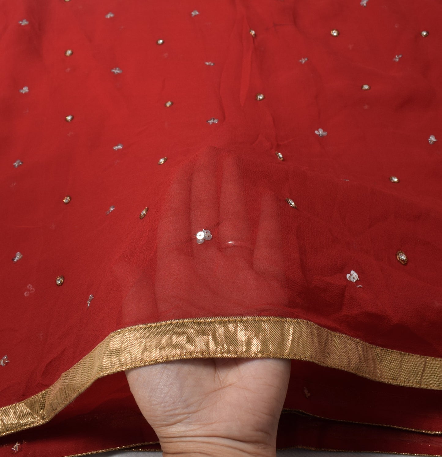Sushila Vintage 100% Pure Georgette Floral Red Sequins Embellish Long Stole Veil