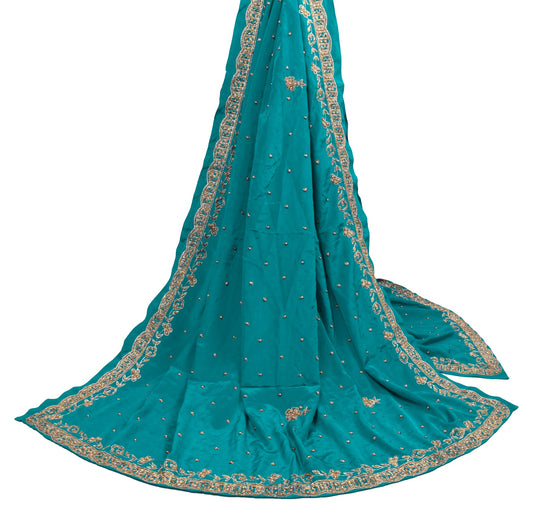 Sushila Vintage Teal Green Zardozi Work Art Silk Floral Wedding Long Stole Wrap