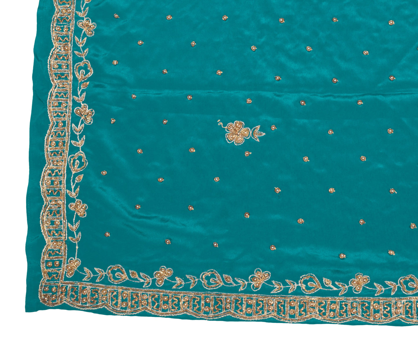 Sushila Vintage Teal Green Zardozi Work Art Silk Floral Wedding Long Stole Wrap