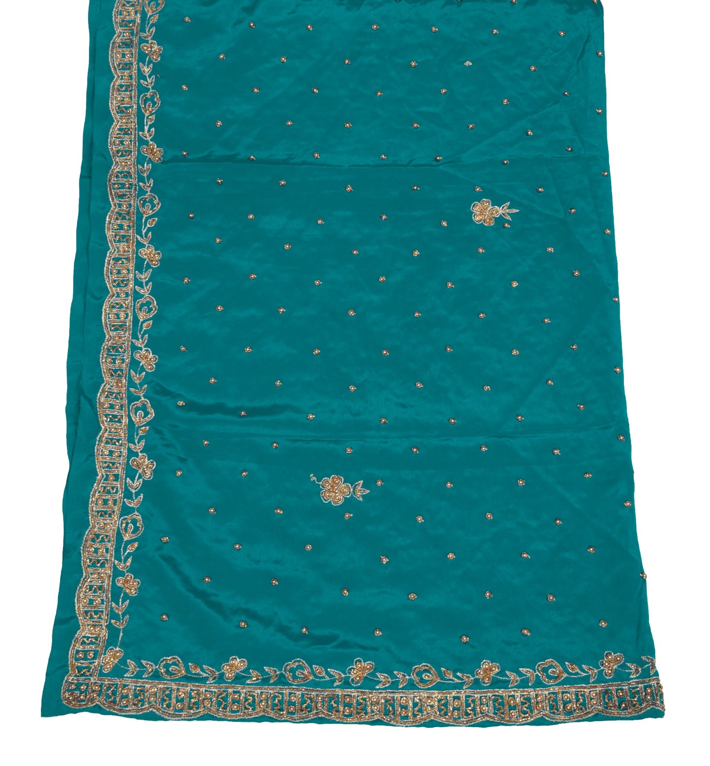 Sushila Vintage Teal Green Zardozi Work Art Silk Floral Wedding Long Stole Wrap