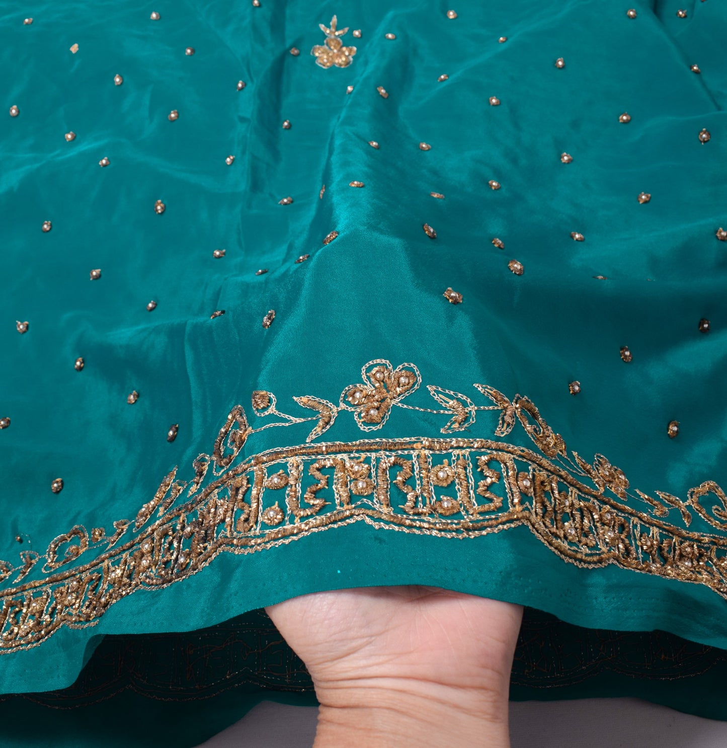 Sushila Vintage Teal Green Zardozi Work Art Silk Floral Wedding Long Stole Wrap