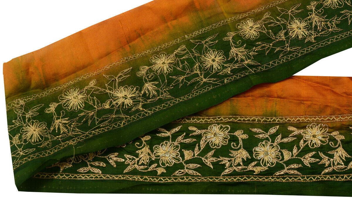 Antique Vintage Saree Border Indian Craft Trim Embroidered Beaded Green Ribbon