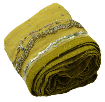 Antique Vtg Saree Border Indian Craft Trim Hand Embroidered Beaded Green Lace