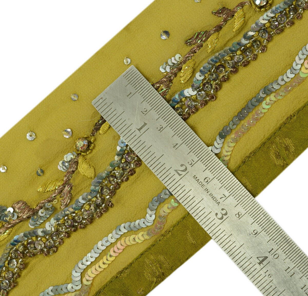 Antique Vtg Saree Border Indian Craft Trim Hand Embroidered Beaded Green Lace