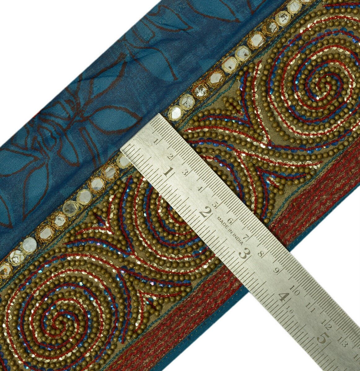 3.5" W Antique Vintage Saree Border Indian Craft Trim Hand Beaded Ribbon Lace