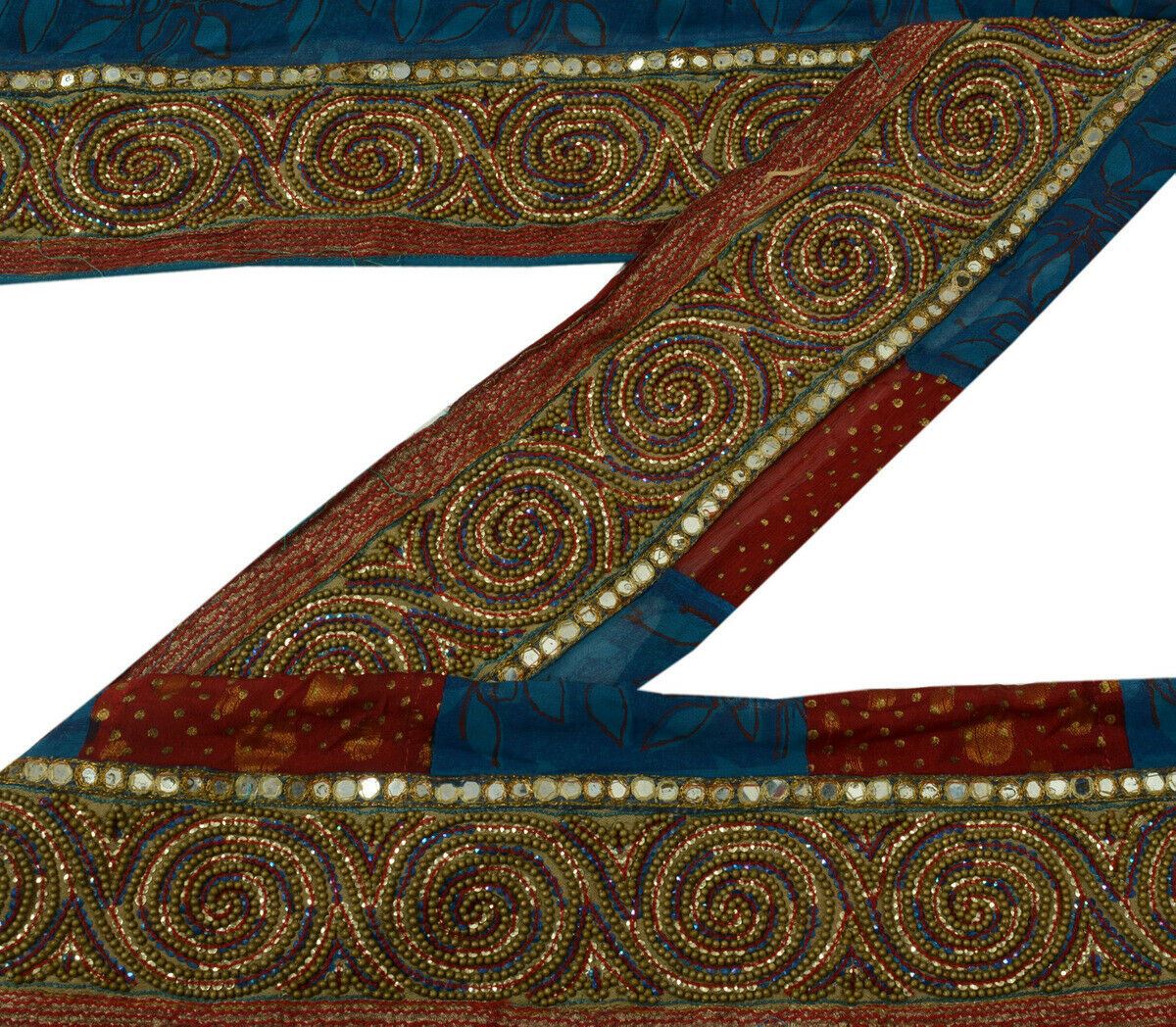 3.5" W Antique Vintage Saree Border Indian Craft Trim Hand Beaded Ribbon Lace