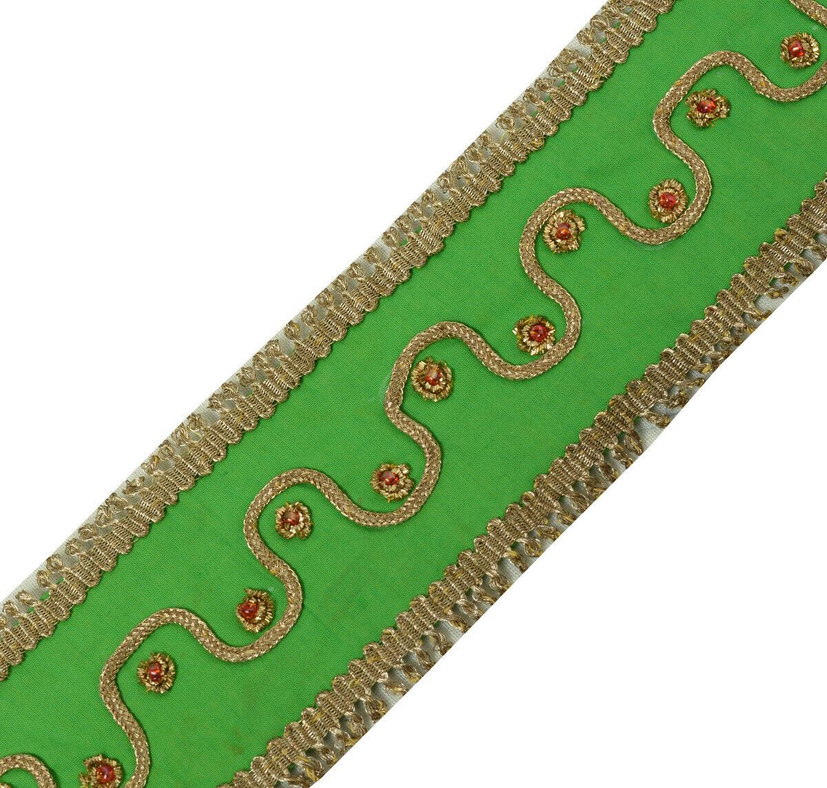 Antique Vintage Saree Border Indian Craft Trim Hand Beaded Green Ribbon Lace