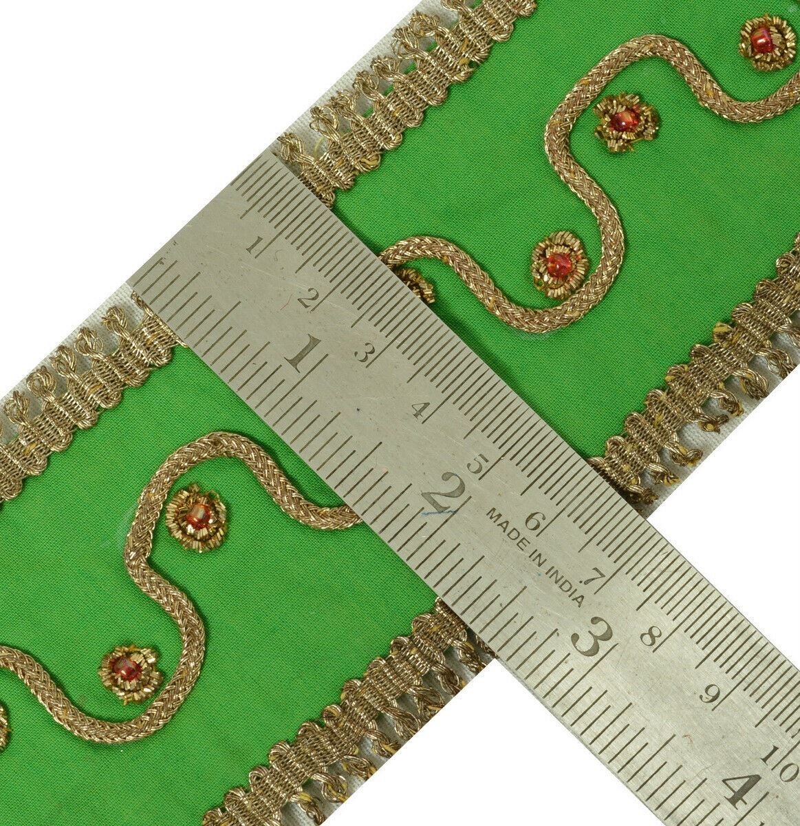 Antique Vintage Saree Border Indian Craft Trim Hand Beaded Green Ribbon Lace