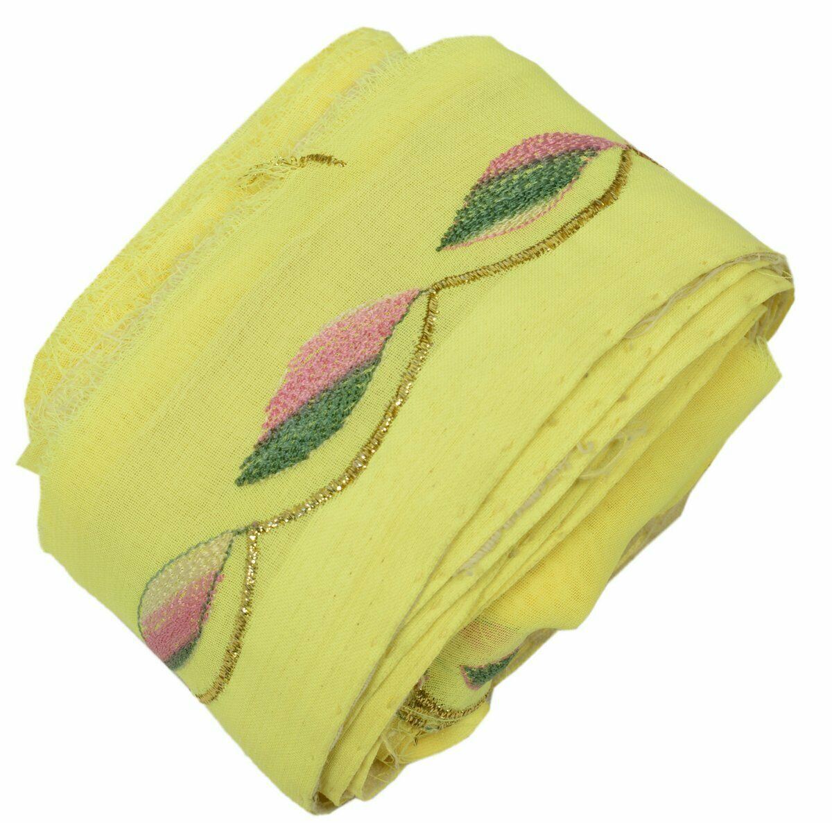 Antique Vtg Saree Border Indian Craft Trim Embroidered Leafs Yellow Ribbon lace