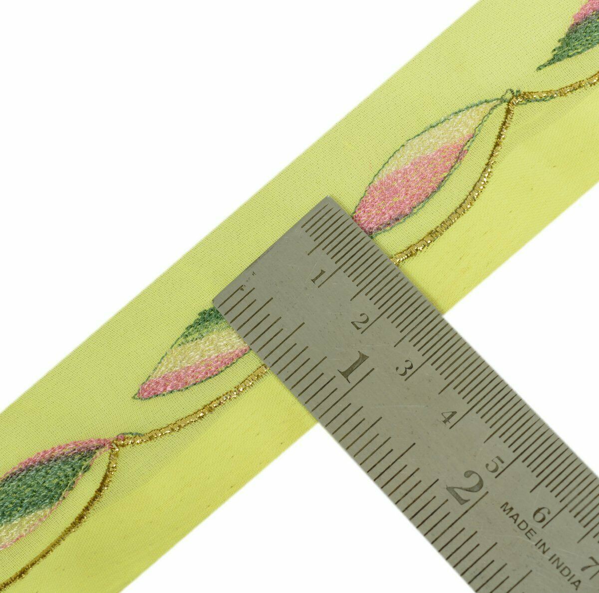 Antique Vtg Saree Border Indian Craft Trim Embroidered Leafs Yellow Ribbon lace