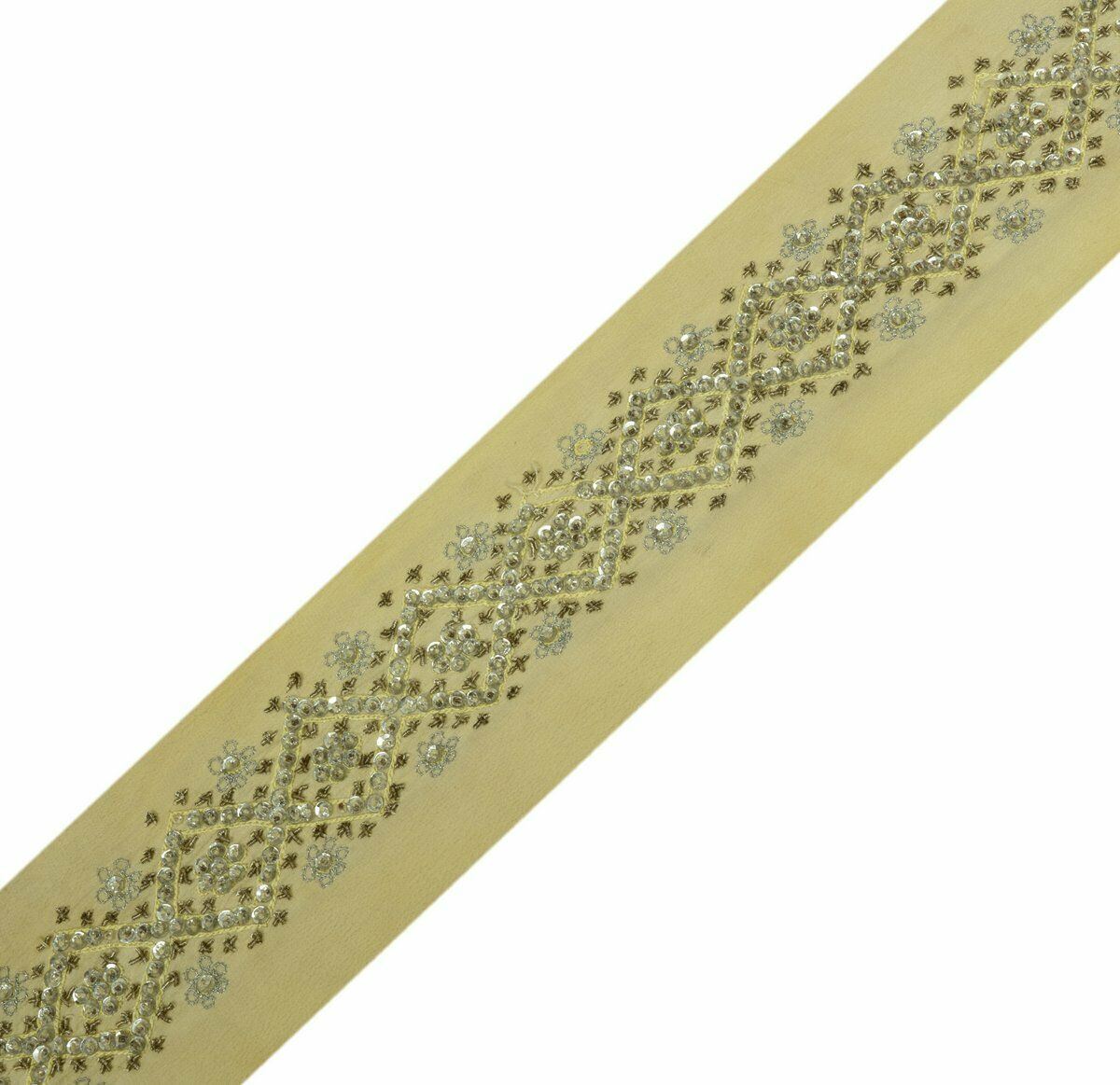 Antique Vintage Saree Border Indian Craft Trim Hand Beaded Cream Ribbon Lace