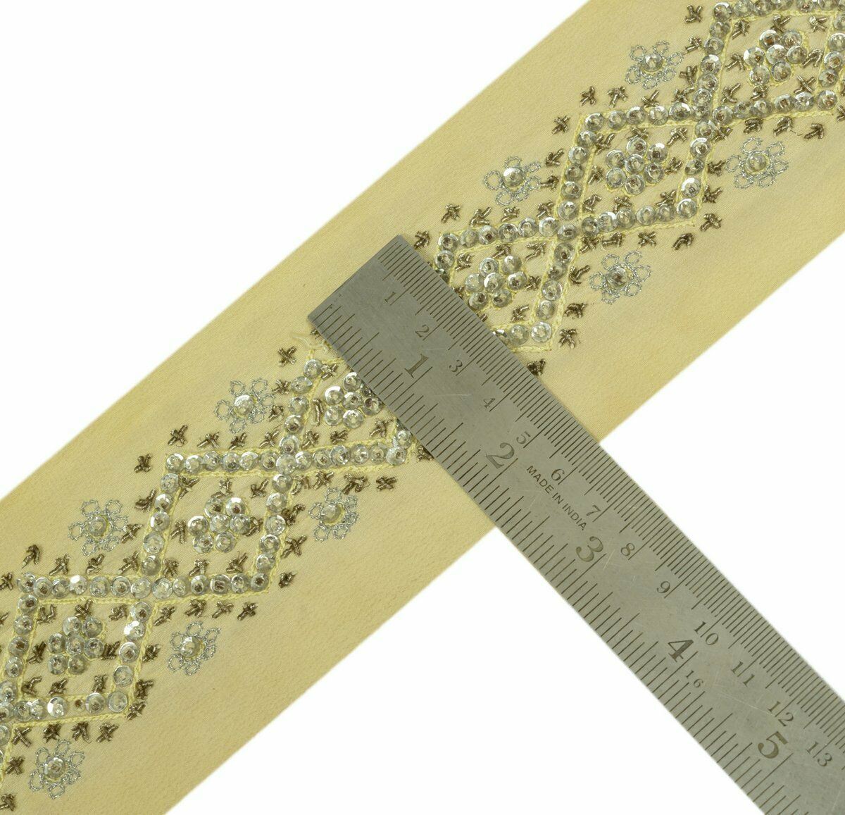 Antique Vintage Saree Border Indian Craft Trim Hand Beaded Cream Ribbon Lace