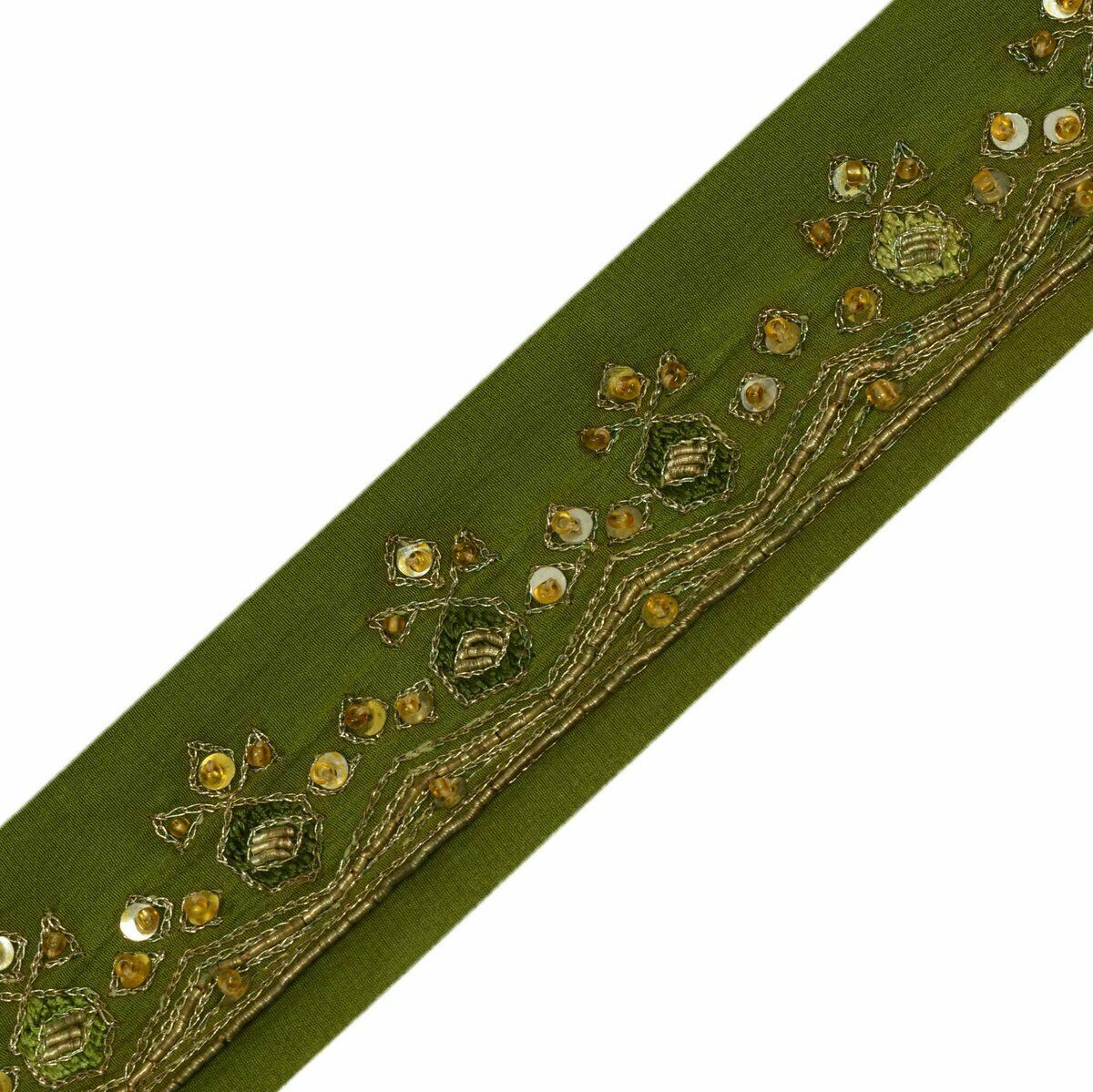 Antique Vtg Saree Border Indian Craft Trim Embrodiered Beaded Green Ribbon Lace