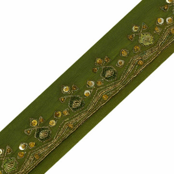 Antique Vtg Saree Border Indian Craft Trim Embrodiered Beaded Green Ribbon Lace