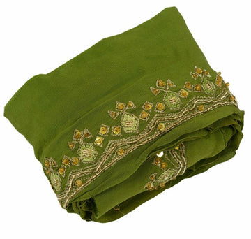 Antique Vtg Saree Border Indian Craft Trim Embrodiered Beaded Green Ribbon Lace