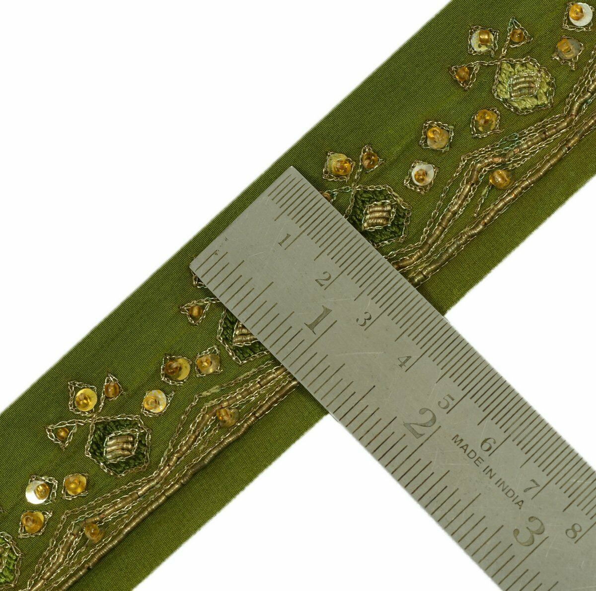 Antique Vtg Saree Border Indian Craft Trim Embrodiered Beaded Green Ribbon Lace