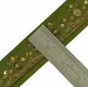 Antique Vtg Saree Border Indian Craft Trim Embrodiered Beaded Green Ribbon Lace