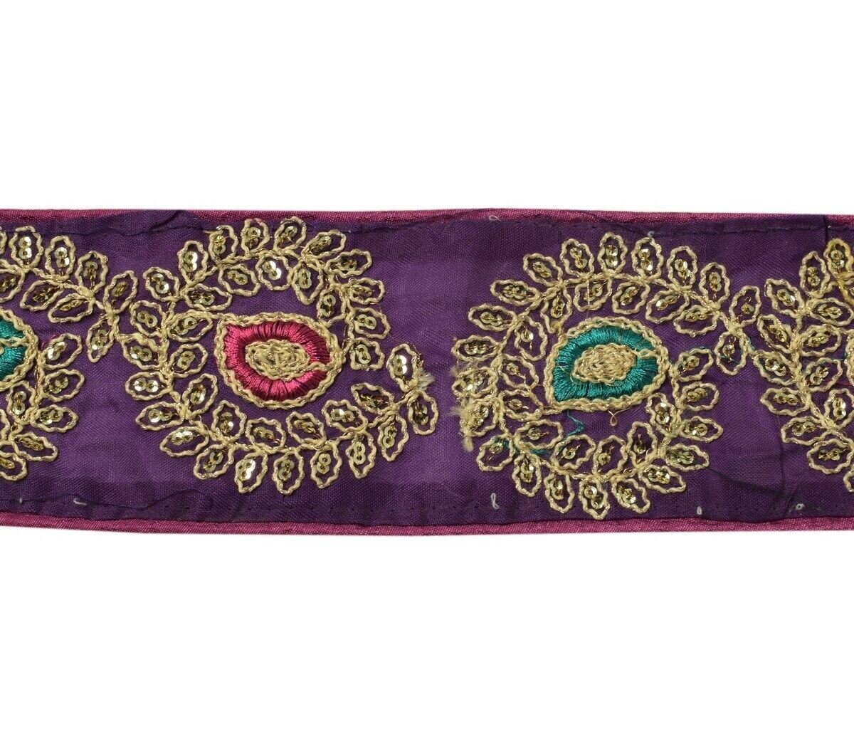 3" W Vintage Sari Border Indian Craft Trim Embroidered Purple Sewing Ribbon Lace