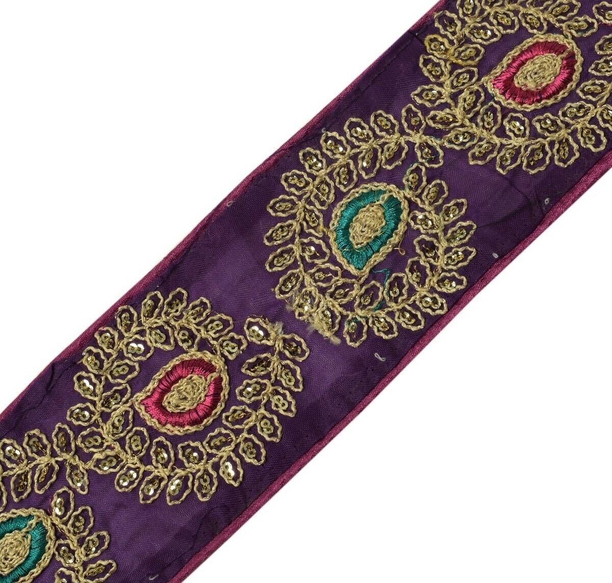 3" W Vintage Sari Border Indian Craft Trim Embroidered Purple Sewing Ribbon Lace